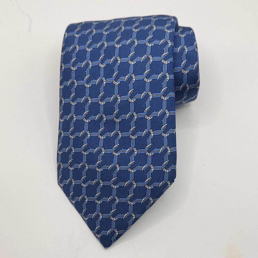 Vtg Hermes Men's Tie Navy and White Geometric Print 59” X‎ 3.5” in